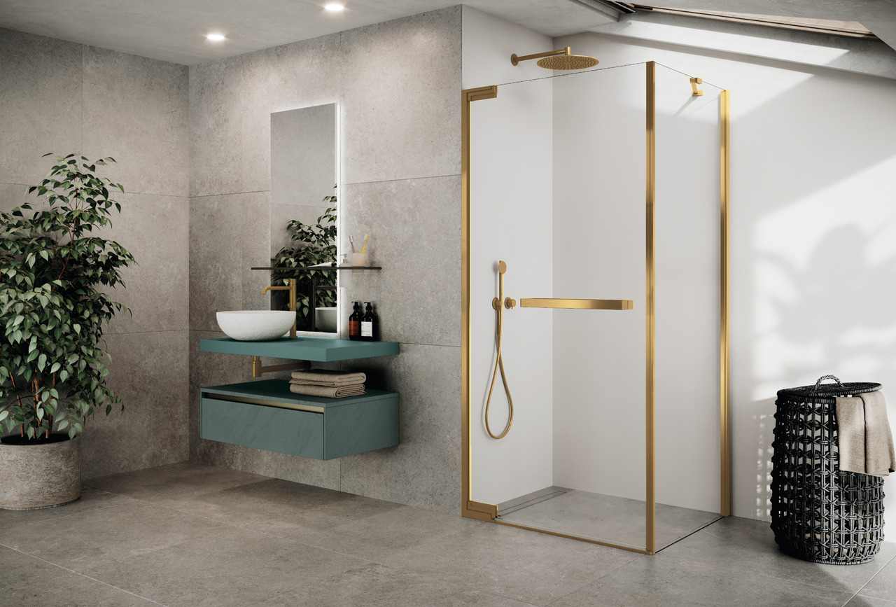 Фото Дверь распашная 100 см (98-99,5x200) Novellini N180 N180G100-1P, профиль Brushed Gold, стекло прозрачное CrystalClear