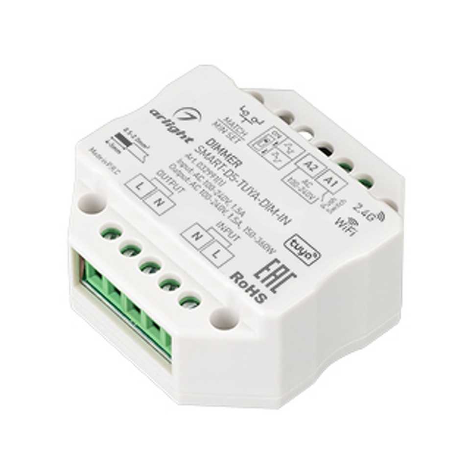 Фото №1  Arlight Диммер SMART-D5-TUYA-DIM-IN (230V, 1.5A, TRIAC, WiFi, 2.4G) ( IP20 Пластик, 5 лет)