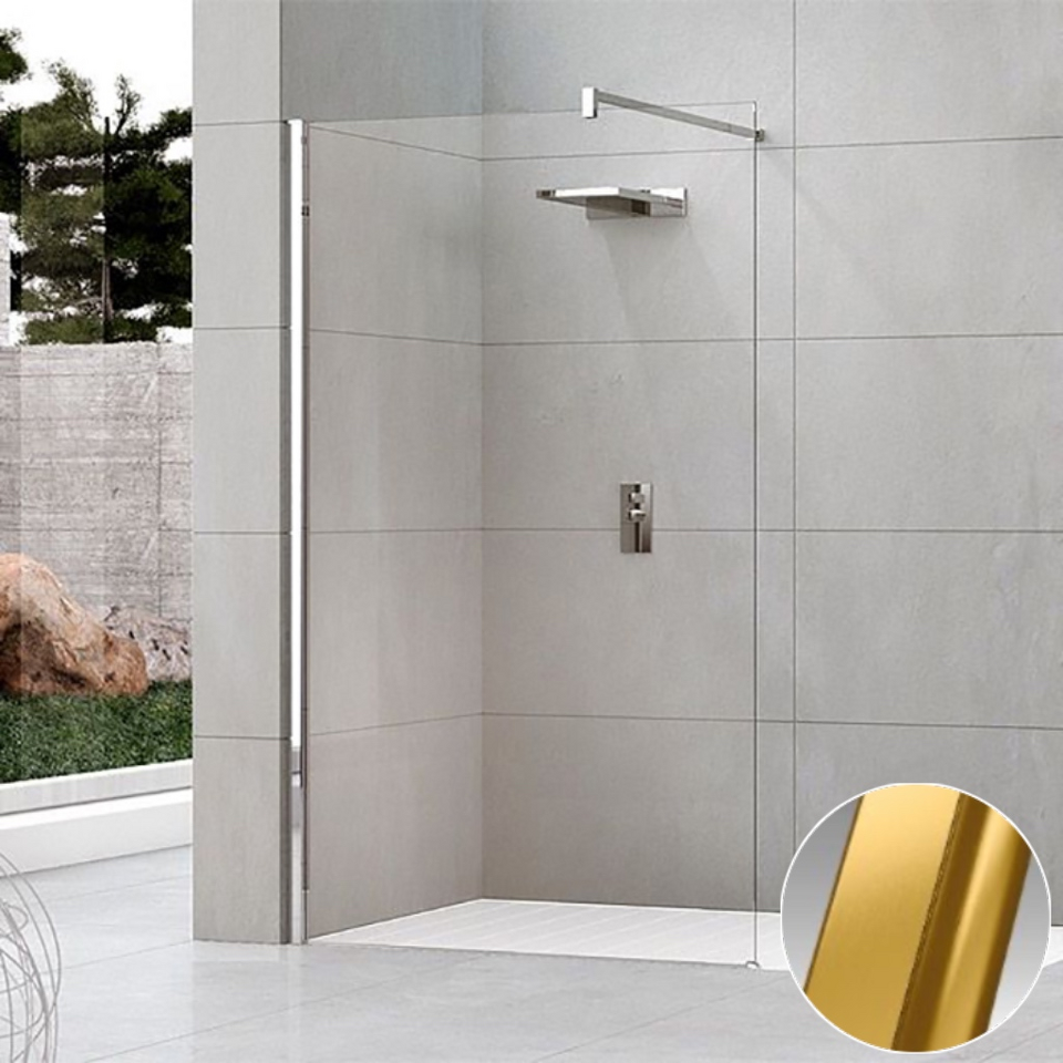 Фото №2  Душевое ограждение Walk-In 90 см (87-90х200) Novellini Kuadra H KUADH90-1P, профиль Brushed Gold, стекло прозрачное CrystalClear