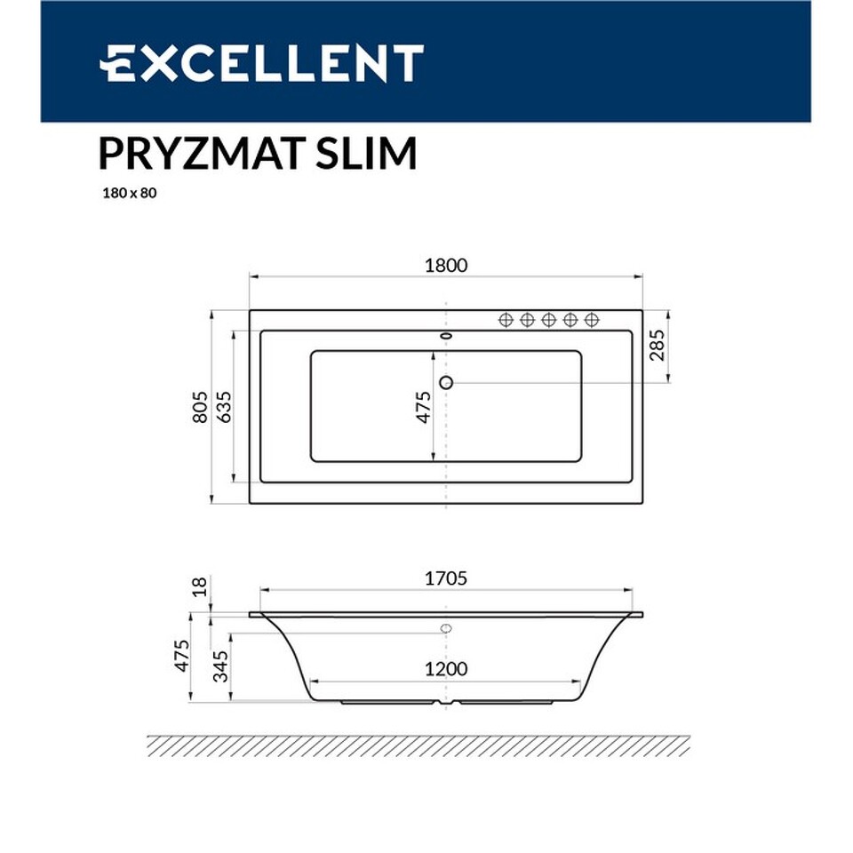 Фото №8  Ванна EXCELLENT Pryzmat Slim 180x80 "RELAX" (белый)