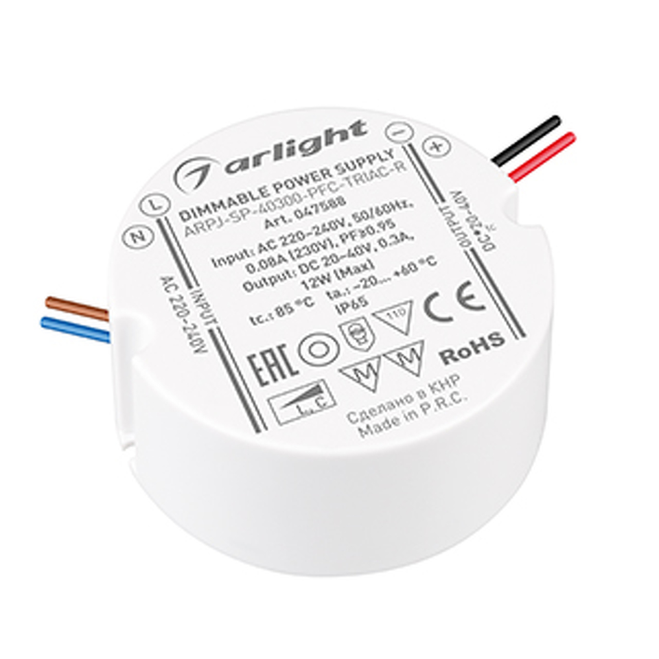 Фото №1  Arlight Блок питания ARPJ-SP-40300-PFC-TRIAC-R (12W, 20-40V, 300mA) ( IP65 Пластик, 5 лет)