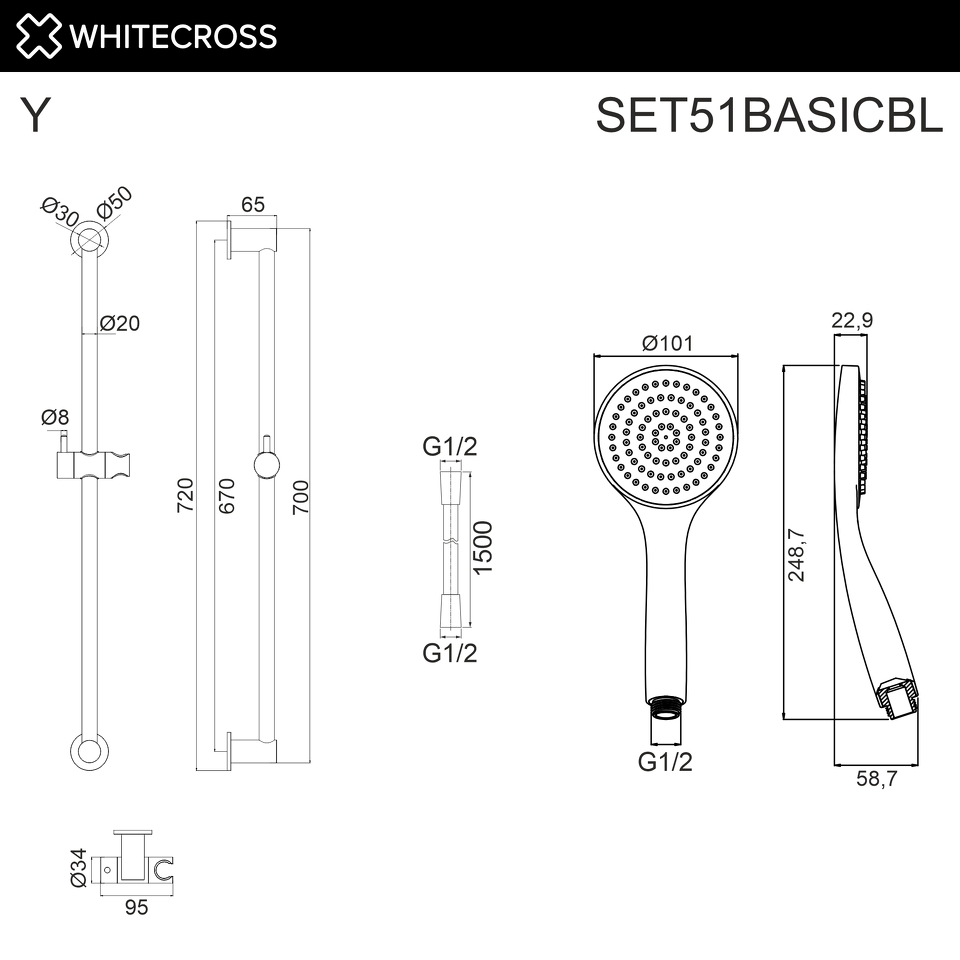 Фото №2  Душевой гарнитур на штанге WHITECROSS SET51BASICBL (черный мат)
