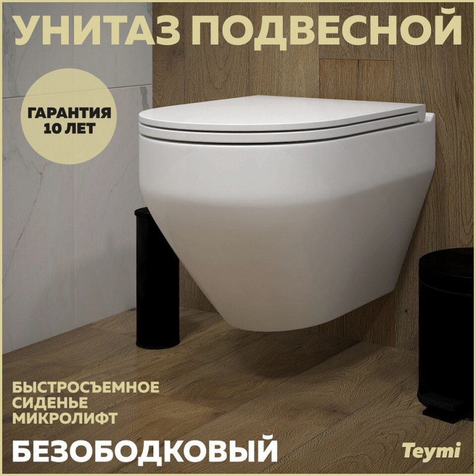 Фото №15  Унитаз Teymi Унитаз подвесной Demi безободковый, сиденье Дюропласт микролифт T40208
