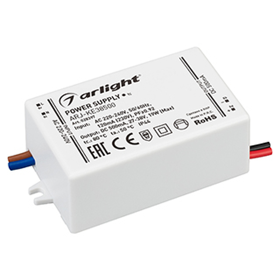 Фото №1  Arlight Блок питания ARJ-KE38500 (19W, 500mA, PFC) ( IP44 Пластик, 5 лет)
