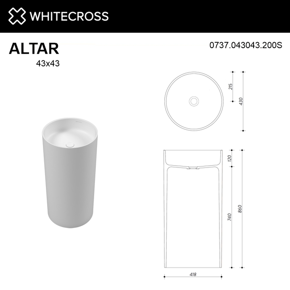 Фото №4  Раковина Умывальник WHITECROSS Altar D=43 (белый мат) иск. камень