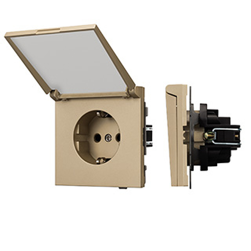 Фото №1  Розетка Arlight Механизм розетки влагозащищённый SCT-TENDO-MCP-SFPL-GD (230V, 16A) ( Матовый песочный)