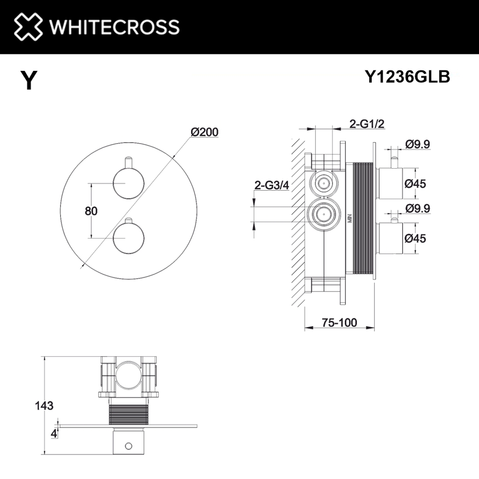 Фото №3  Смеситель термостат скрытого монтажа на 2 потребителя WHITECROSS Y Y1236GLB (брашированное золото)