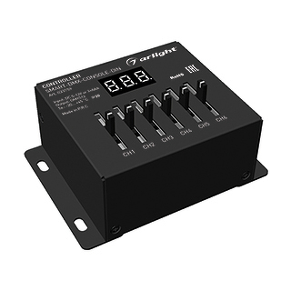 Фото №1  Arlight Контроллер SMART-DMX-CONSOLE-DIN (5-12V, 6CH, XLR3) ( IP20 Металл, 5 лет)
