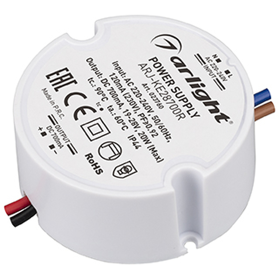 Фото №1  Arlight Блок питания ARJ-KE28700R (20W, 700mA, PFC) ( IP44 Пластик, 5 лет)