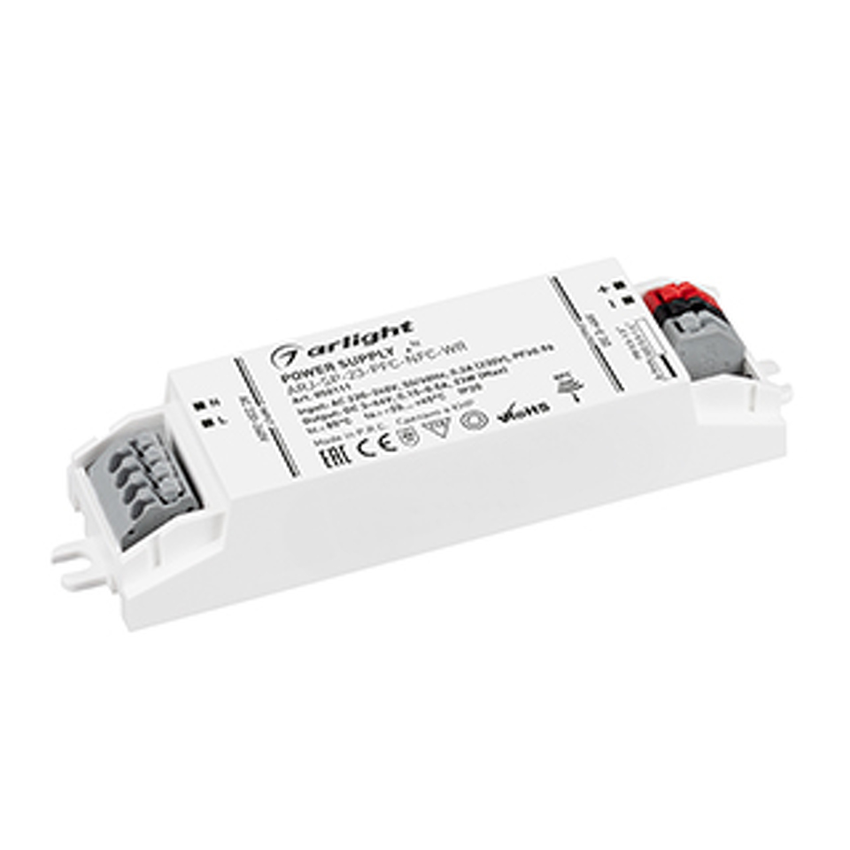 Фото №1  Arlight Блок питания ARJ-SP-23-PFC-NFC-WR (23W, 3-46V, 0.15-0.5A) ( IP20 Пластик, 5 лет)