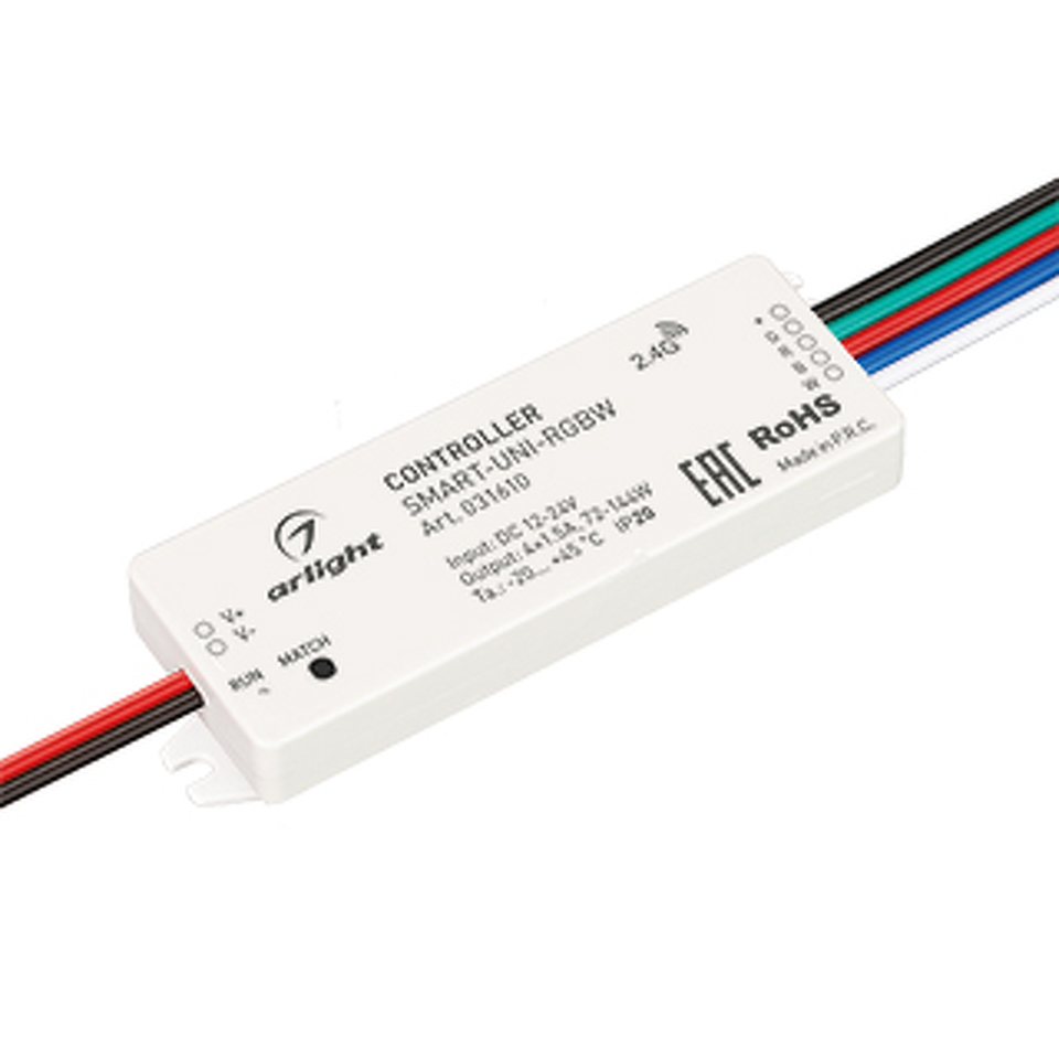 Фото №1  Arlight Контроллер SMART-UNI-RGBW (12-24V, 4x1.5A, 2.4G) ( IP20 Пластик, 5 лет)