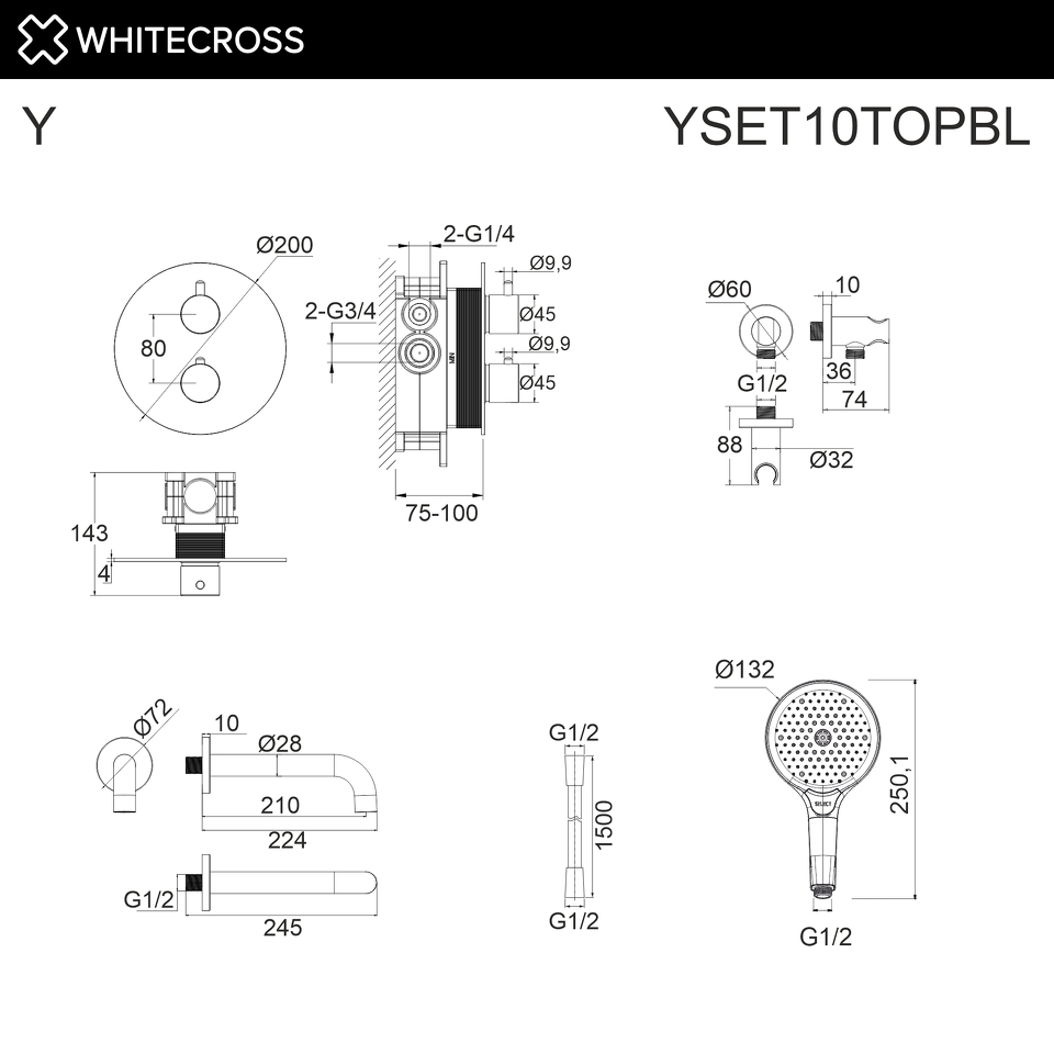 Фото №3  Термостатическая система для ванны скрытого монтажа WHITECROSS Y YSET10TOPBL (черный мат)