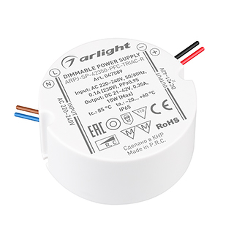 Фото №1  Arlight Блок питания ARPJ-SP-42350-PFC-TRIAC-R (15W, 21-42V, 350mA) ( IP65 Пластик, 5 лет)