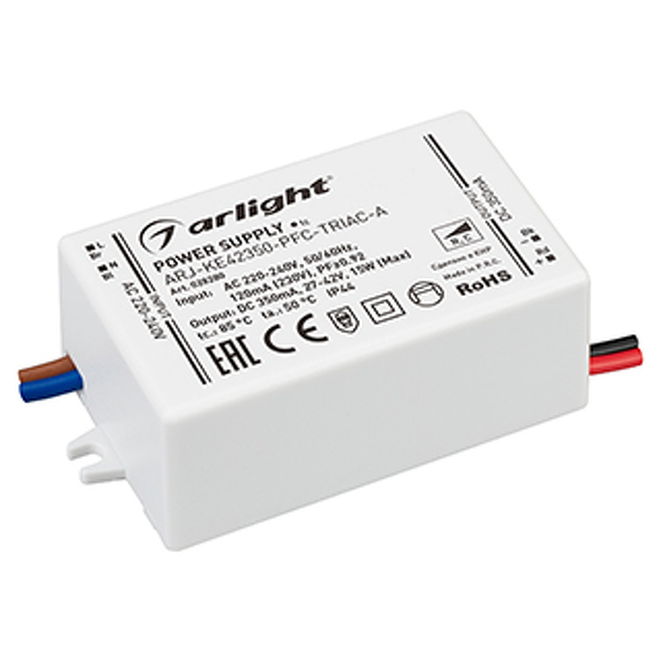 Фото №1  Arlight Блок питания ARJ-KE42350-PFC-TRIAC-A (15W, 350mA) ( IP44 Пластик, 5 лет)