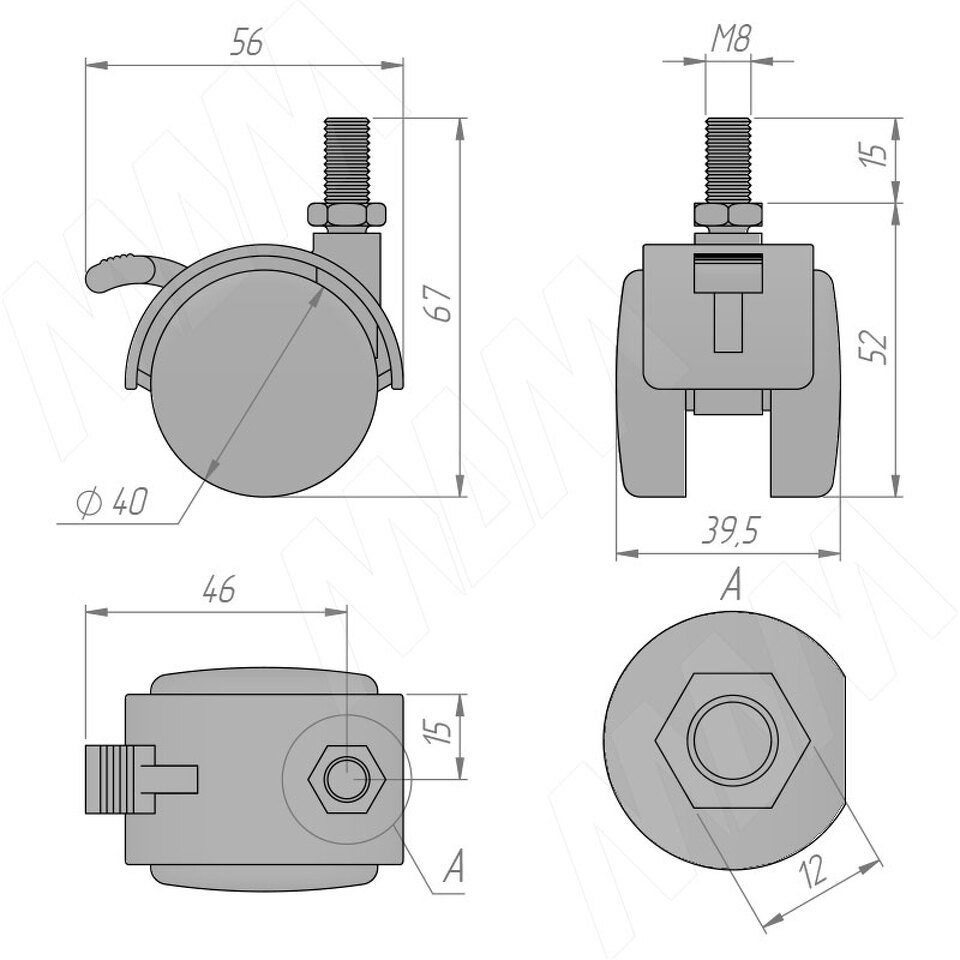 Фото №2  PULSE Опора двухколесная с винтом M8, D40 мм, со стопором, белая (OK-40/2-CT/WH),  Мебельное колесо