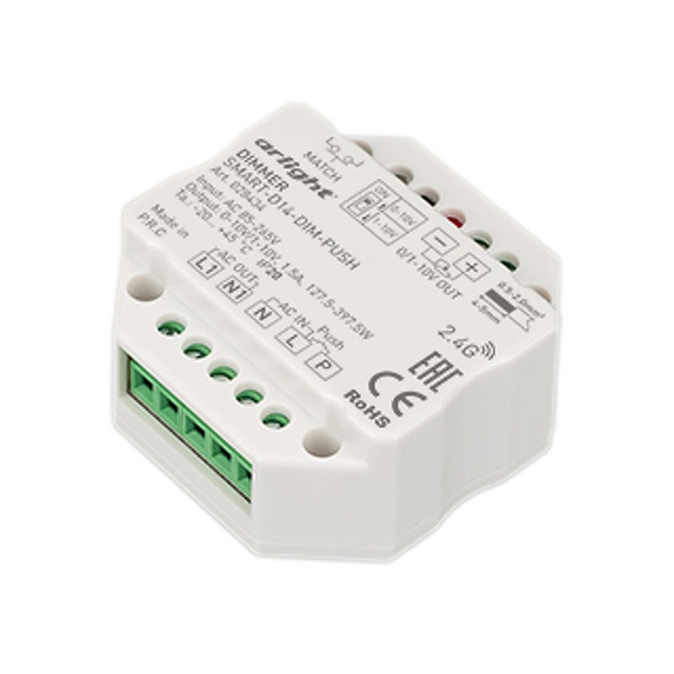 Фото №1  Arlight Диммер SMART-D14-DIM-PUSH (230V, 1.5А, 0-10V, 2.4G) ( IP20 Пластик, 5 лет)