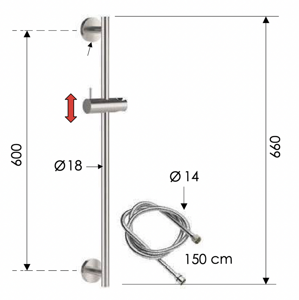 Фото №2  Душевая стойка 66 см с шлангом Remer INOX SS317M332, нержавеющая сталь