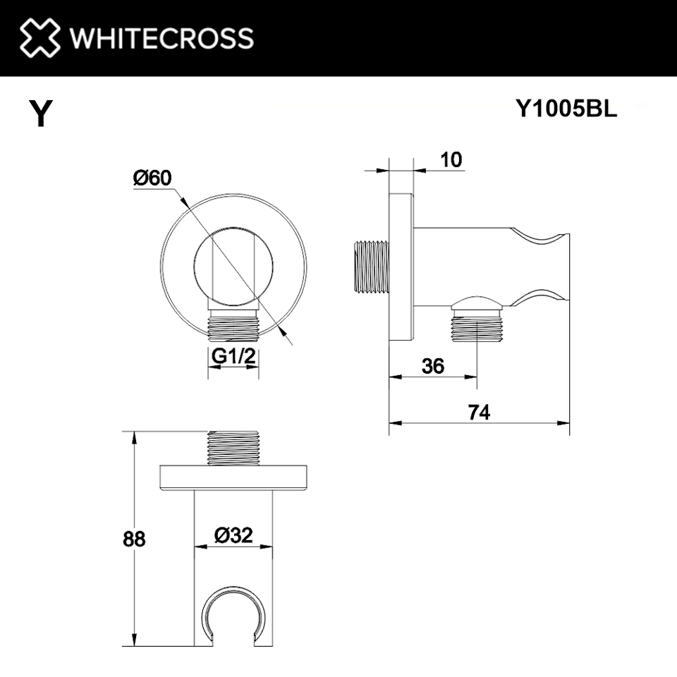 Фото №3  Угловой соединительный элемент с держателем лейки WHITECROSS Y1005BL (черный мат)