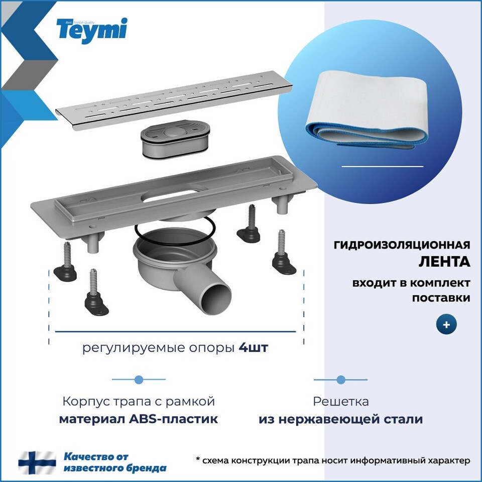 Фото №15  Teymi Душевой лоток Helmi Prime черный 40 см с гидрозатвором, решетка из нержавеющей стали T90338