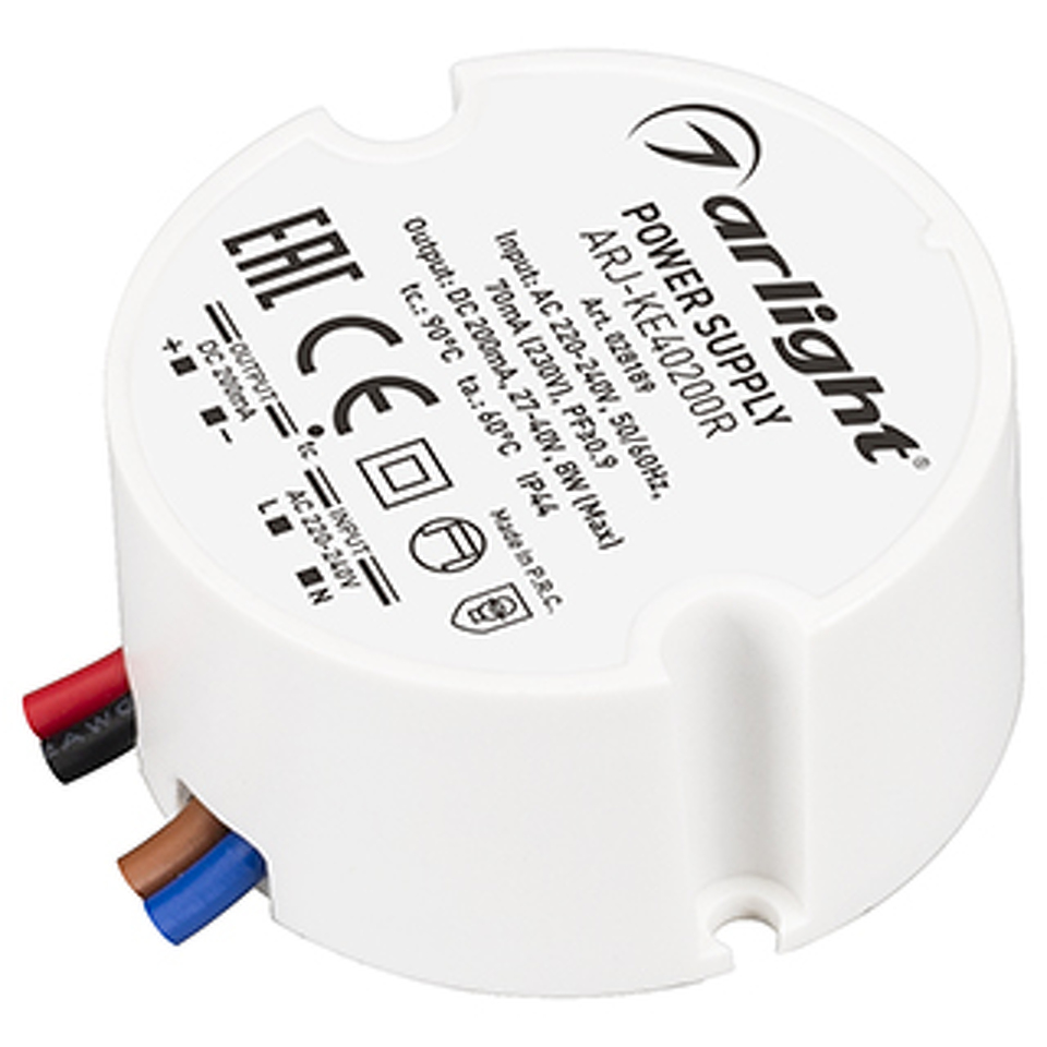 Фото №1  Arlight Блок питания ARJ-KE40200R (8W, 200mA, PFC) ( IP44 Пластик, 5 лет)