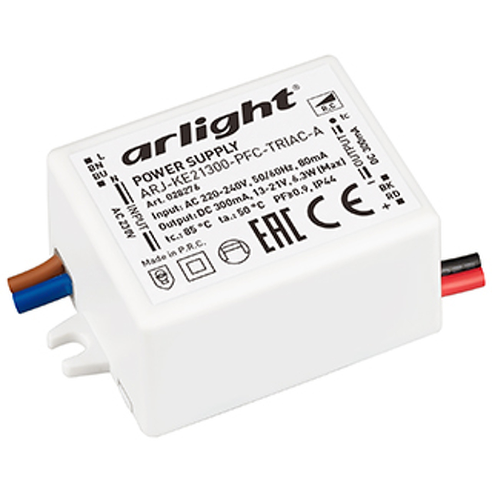 Фото №1  Arlight Блок питания ARJ-KE21300-PFC-TRIAC-A (6.3W, 300mA) ( IP44 Пластик, 5 лет)