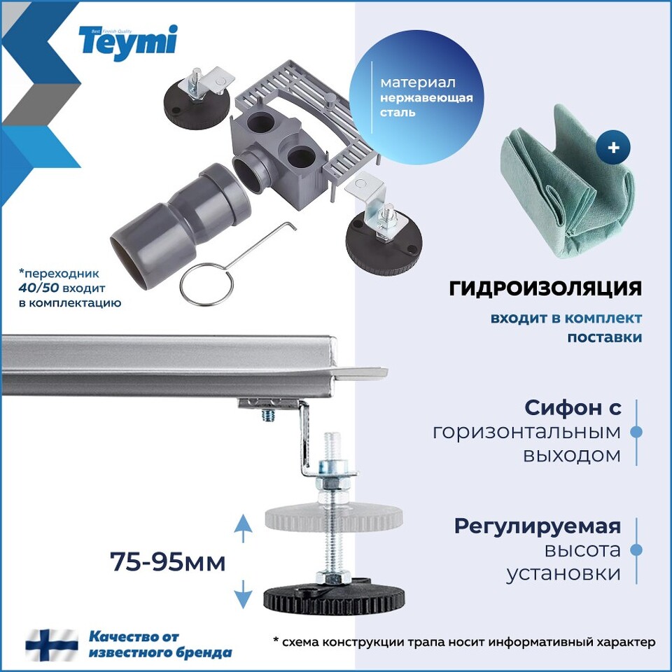 Фото №20  Teymi Душевой трап Ellie, с гидрозатвором, горизонтальный выпуск 10х50 c решеткой, черный T90372