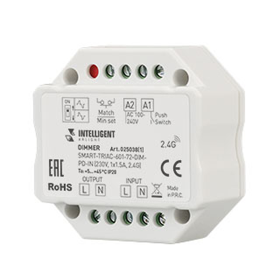 Фото №1  IARL INTELLIGENT ARLIGHT Диммер SMART-TRIAC-601-72-DIM-PD-IN (230V, 1x1.5A, 2.4G) ( IP20 Пластик, 5 лет)