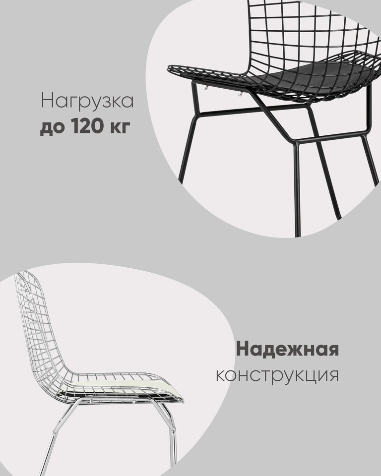 Фото №10  Стул обеденный Bertoia черный с черной подушкой