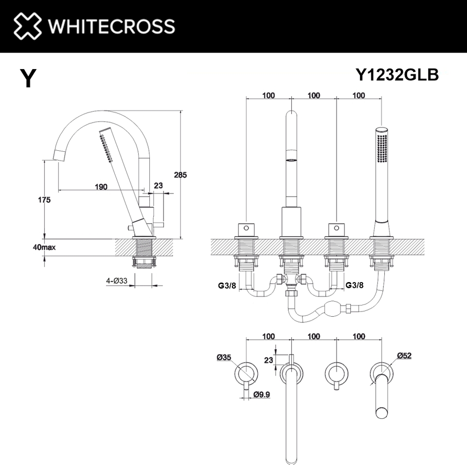 Фото №3  Смеситель для ванны на 4 отверстия WHITECROSS Y Y1232GLB (брашированное золото)