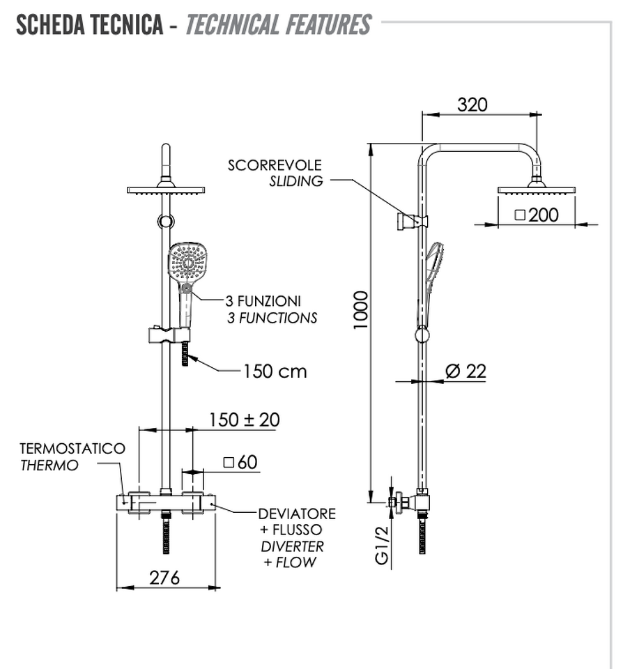 Фото №2  Душевая система термостатическая Remer Absolute ST32X8CPSD25