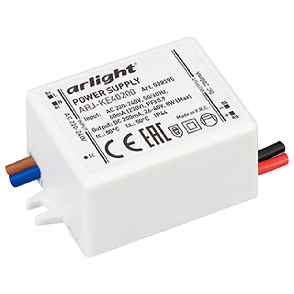 Фото №1  Arlight Блок питания ARJ-KE40200 (8W, 200mA, PFC) ( IP44 Пластик, 5 лет)