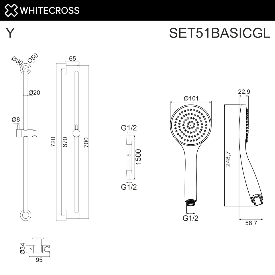 Фото №2  Душевой гарнитур на штанге WHITECROSS SET51BASICGL (золото)