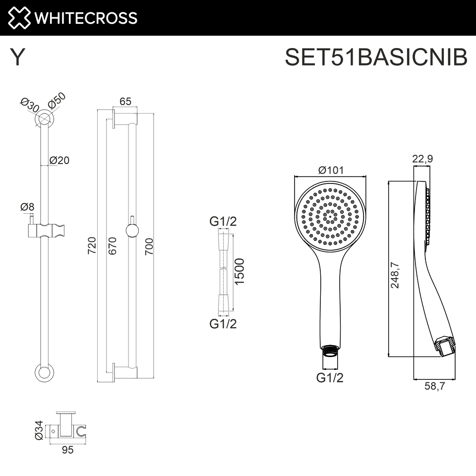 Фото №2  Душевой гарнитур на штанге WHITECROSS SET51BASICNIB (брашированный никель)