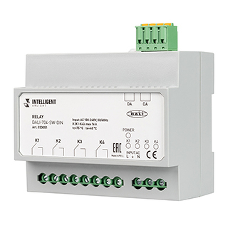Фото №1  IARL INTELLIGENT ARLIGHT Релейный модуль DALI-704-SW-DIN (BUS, 4х16A) ( IP20 Пластик, 3 года)