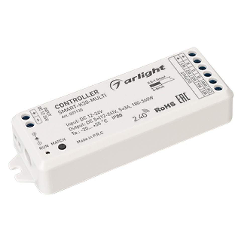 Фото №1  Arlight Контроллер SMART-K30-MULTI (12-24V, 5x3A, RGB-MIX, 2.4G) ( IP20 Пластик, 5 лет)