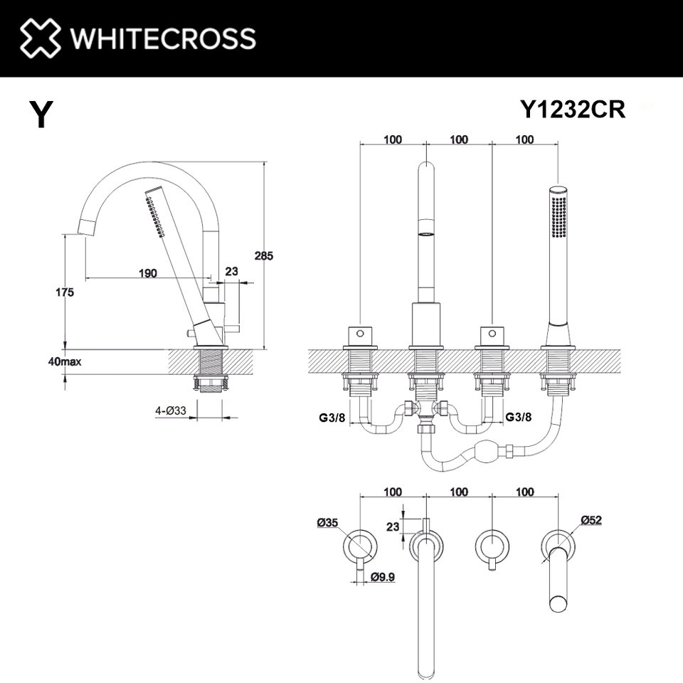 Фото №3  Смеситель для ванны на 4 отверстия WHITECROSS Y Y1232CR (хром)