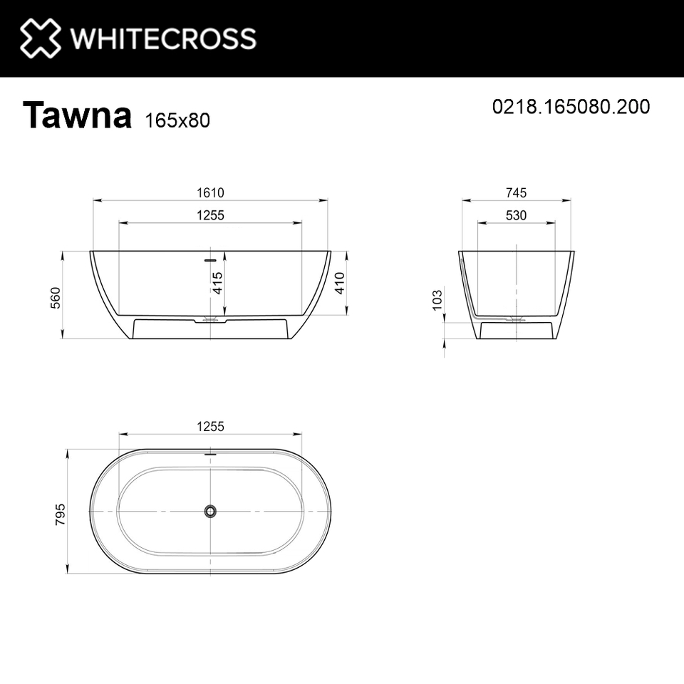 Фото №6  Ванна WHITECROSS Tawna 165x80 (белый мат) иск. камень
