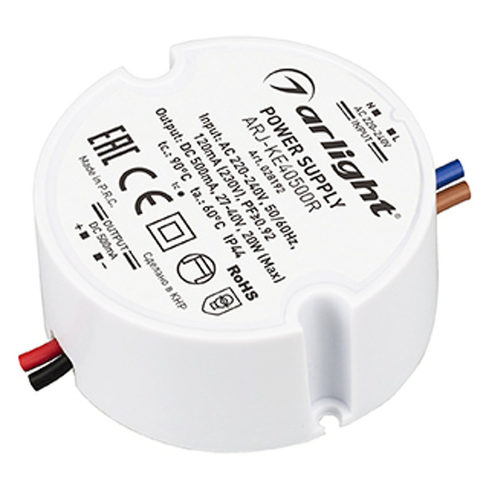 Фото №1  Arlight Блок питания ARJ-KE40500R (20W, 500mA, PFC) ( IP44 Пластик, 5 лет)