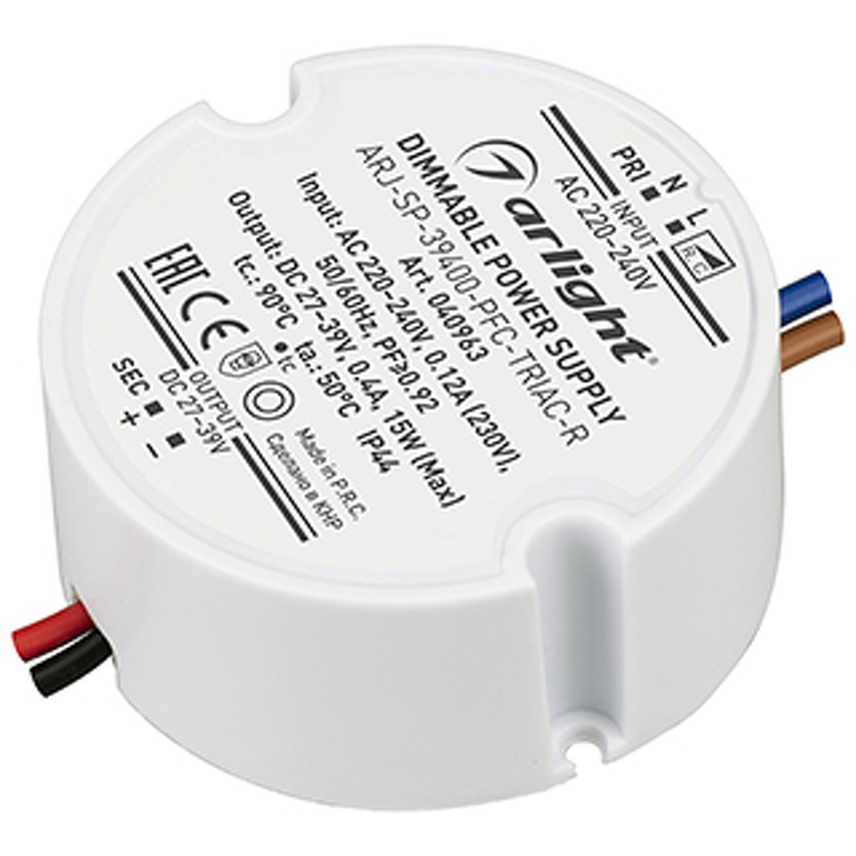 Фото №1  Arlight Блок питания ARJ-SP-39400-PFC-TRIAC-R (15W, 27-39V, 400mA) ( IP44 Пластик, 5 лет)