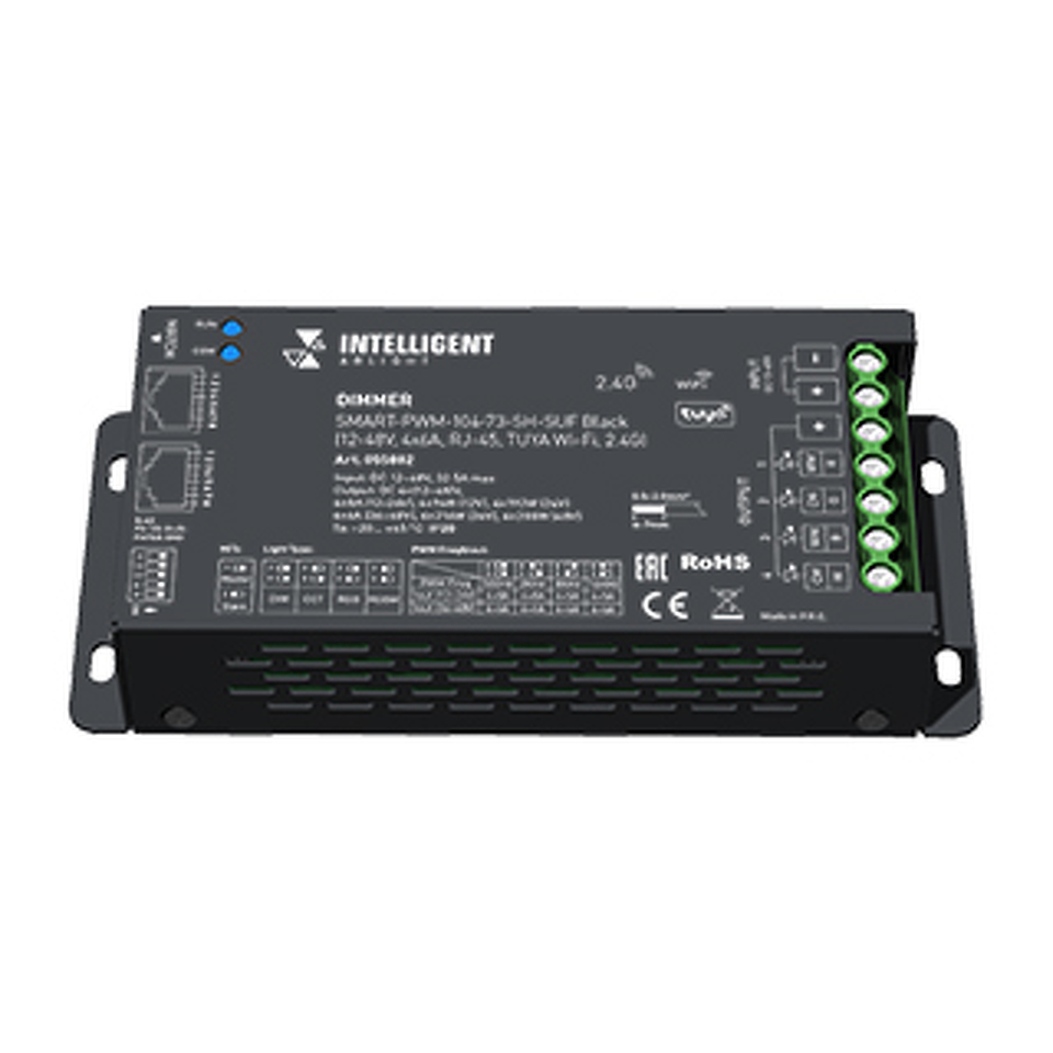 Фото №1  IARL INTELLIGENT ARLIGHT Диммер SMART-PWM-104-73-SH-SUF Black (12-48V, 4x6A, RJ-45, TUYA Wi-Fi, 2.4G) ( IP20 Металл, 5 лет)