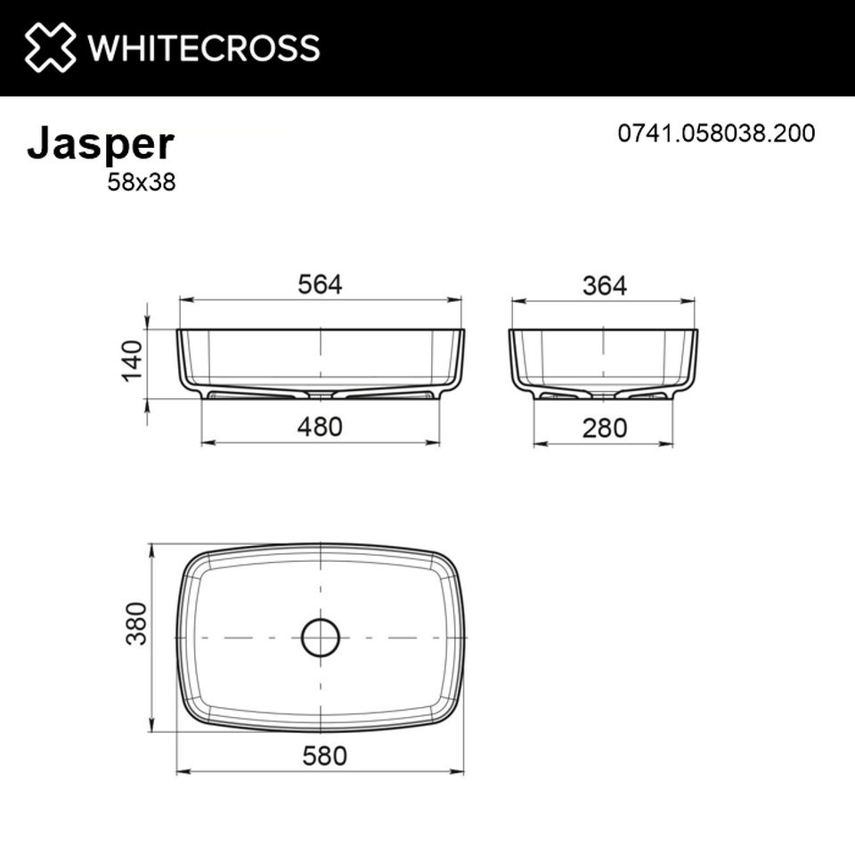 Фото №6  Раковина Умывальник WHITECROSS Jasper 58x38 (белый мат) иск. камень