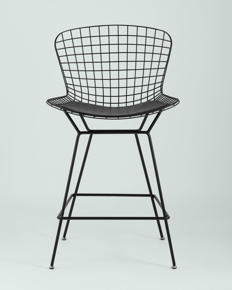 Фото №9  Стул полубарный с низкой спинкой Bertoia черный с черной подушкой