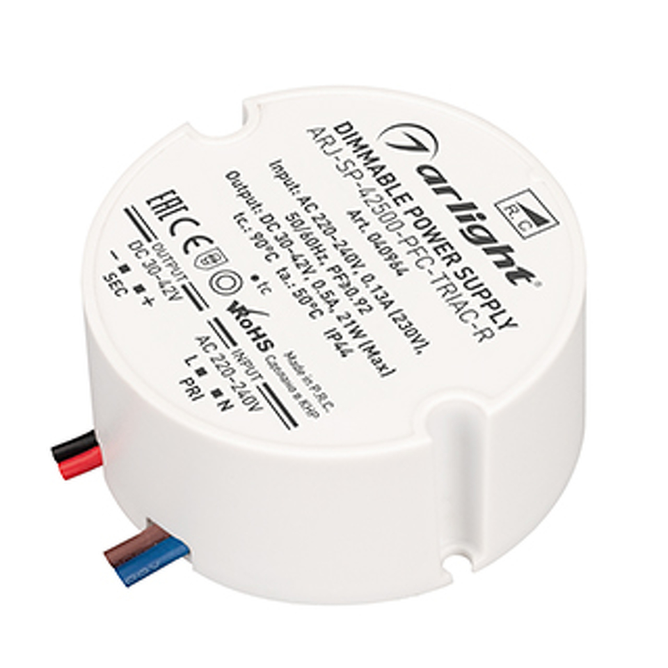 Фото №1  Arlight Блок питания ARJ-SP-42500-PFC-TRIAC-R (21W, 30-42V, 500mA) ( IP44 Пластик, 5 лет)