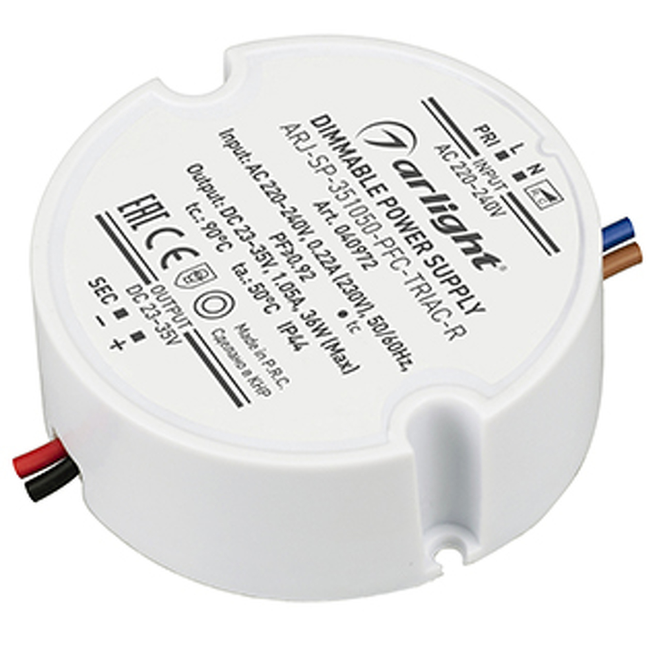 Фото №1  Arlight Блок питания ARJ-SP-351050-PFC-TRIAC-R (36W, 23-35V, 1050mA) ( IP44 Пластик, 5 лет)