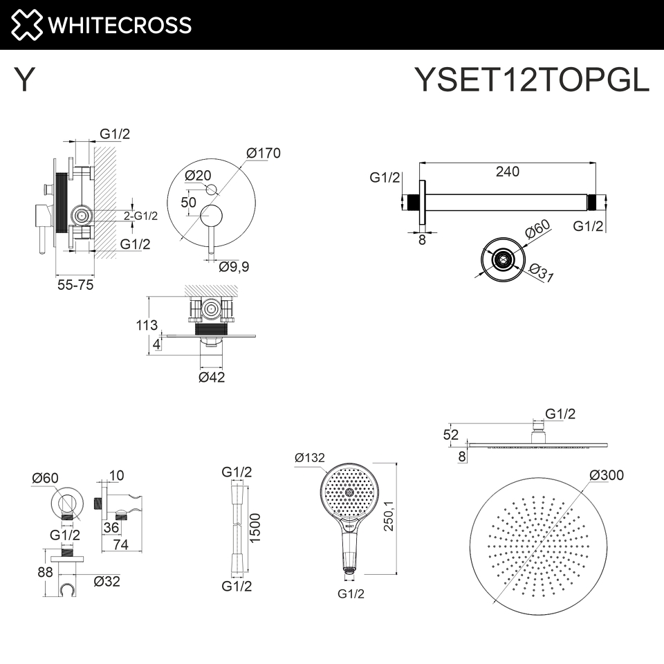 Фото №3  Система для душа скрытого монтажа WHITECROSS Y YSET12TOPGL (золото)