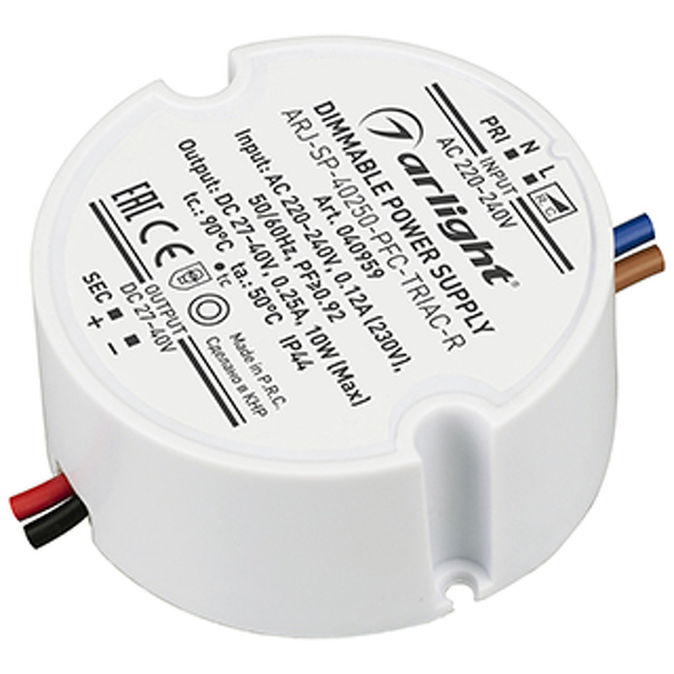 Фото №1  Arlight Блок питания ARJ-SP-40250-PFC-TRIAC-R (10W, 27-40V, 250mA) ( IP44 Пластик, 5 лет)