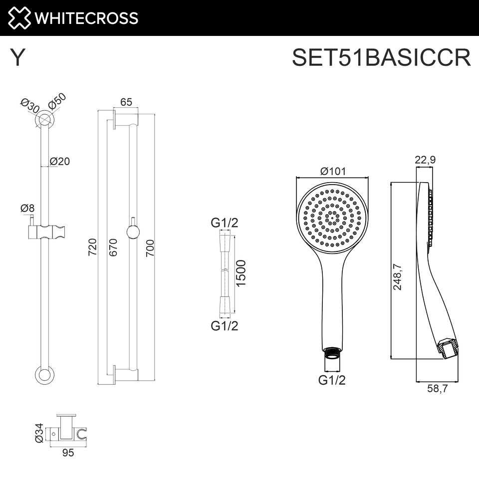 Фото №2  Душевой гарнитур на штанге WHITECROSS SET51BASICCR (хром)