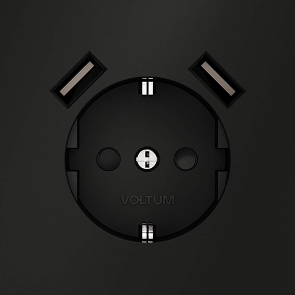 Фото №9  Розетка Розетка встраиваемая VOLTUM S70 с заземлением и защитными шторками, 16А, с USB, A+A, (черный матовый