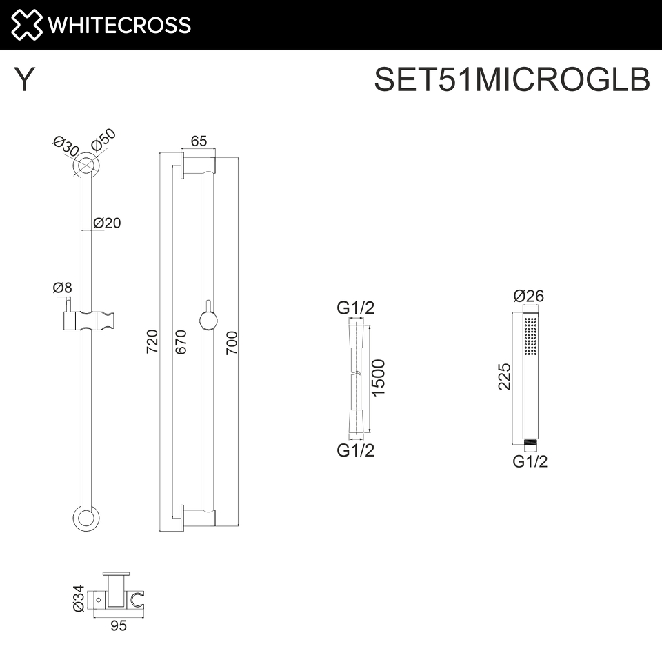Фото №2  Душевой гарнитур на штанге WHITECROSS SET51MICROGLB (брашированное золото)