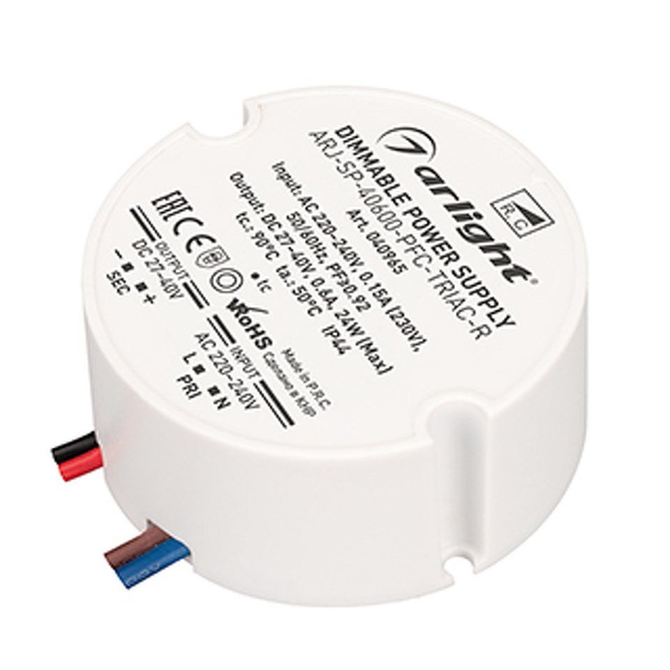 Фото №1  Arlight Блок питания ARJ-SP-40600-PFC-TRIAC-R (24W, 27-40V, 600mA) ( IP44 Пластик, 5 лет)